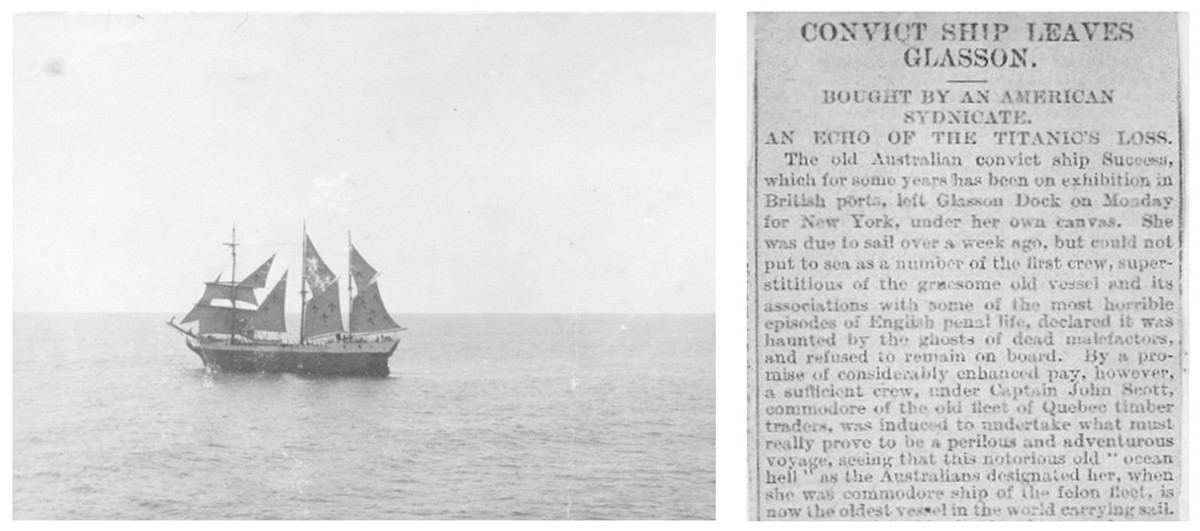 1. photo of sailing ship at sea. 2. part of newspaper article titled 'Convict Ship Leaves Glasson'..